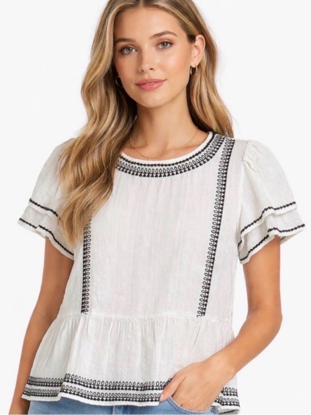 LOFT White Peplum Top with Black Embroidered Trim and Flutter Sleeves